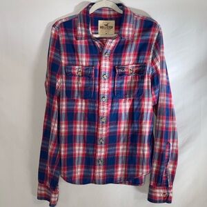 Hollister Men’s Red & Blue Plaid Flannel Muscle Fit Button-Up Shirt | Medium EUC